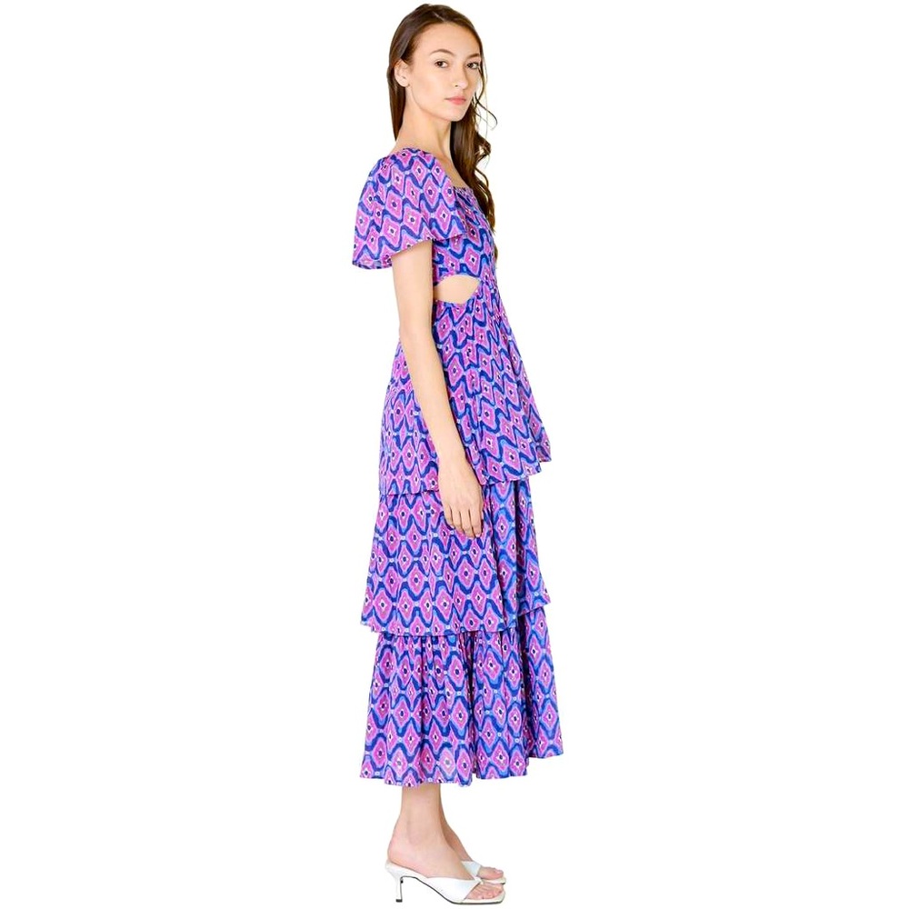Banjanan Dress Purple Bonnie Maxi Floral Layered Cutout Fit Flare Boho XS
